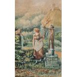 Unattributed Watercolour drawing  Edwardian girl at water pump, 20cm x 12cm  F J Heywood Watercolour