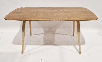 Ercol blonde oak dining table, 72cm high x 150cm wide x 76cm deep and a set of six matching