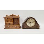 Mid-20th century oak-cased mantel clock, the circular dial having Arabic numerals denoting hours,
