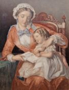 19th century Baxter/Le Blond type colour print, of a mother teaching her child to read, dated