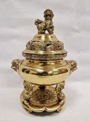 Large 20th century Chinese bronze and gilt metal censer, cover and stand, with beast handles, raised