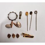 Three stickpins, cased, three gold-coloured metal collar studs, cased and two gold-coloured metal