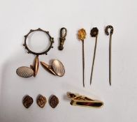 Three stickpins, cased, three gold-coloured metal collar studs, cased and two gold-coloured metal