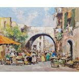 Cordet  Oil on canvas board Busy continental market scene with figures, signed lower left, 50cm x