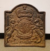 Large cast iron fireback depicting coat of arms of Charles I, measuring approx. 56cm high x 53cm