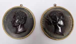 Pair Bois Durci brass-mounted portrait medallions 'Eugenie Imperatrice' and 'Richard Cobden', 11.5cm