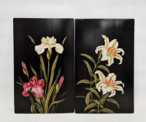 Two painted wooden rectangular panels, each painted in oil with lilies and orchids, 20th century,