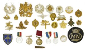 Collection of naval gilt-brass buttons, assorted regimental badges, medals and ephemera to include