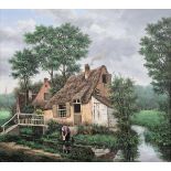 Andre Andreoli  "Elbergen Holland", figure beside cottage and stream, signed and labelled verso,