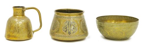 Three items of Middle Eastern brassware, comprising a tapering conical jar, inlaid in copper and