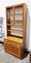 G Plan 'Sierra' range teak wall unit incorporating display cabinet, open shelves and cupboard