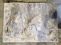 Pair of Coade stone, moulded relief panels, titled “Agriculture” and “Navigation” based on designs