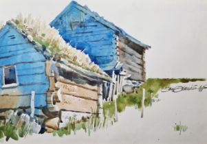 D Dennis  Watercolour drawing "Gammel Gard", study of wooden huts, inscribed verso, signed, 36cm x