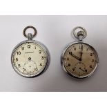 Recta military white metal pocket watch, button winding with subsidiary seconds dial and another