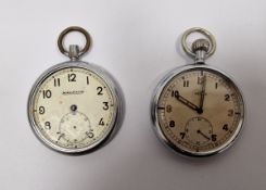 Recta military white metal pocket watch, button winding with subsidiary seconds dial and another