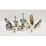 Collection of Karl Ens porcelain models of birds, including kingfishers, parrots and owl, printed