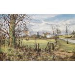 Hallard Oil on canvas Riverside country landscape with buildings and horses in paddock, signed lower