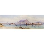 Italian school Watercolour drawing "Lake Maggiore", extensive lakeside landscape with figures in