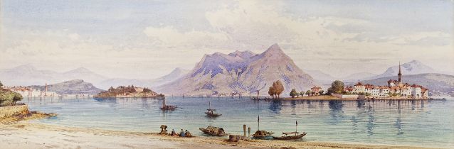 Italian school Watercolour drawing "Lake Maggiore", extensive lakeside landscape with figures in