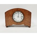 Early 20th century burr walnut veneered mantel clock, the circular enamel dial having Roman numerals
