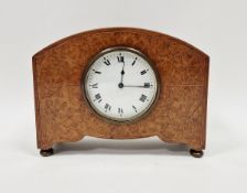 Early 20th century burr walnut veneered mantel clock, the circular enamel dial having Roman numerals