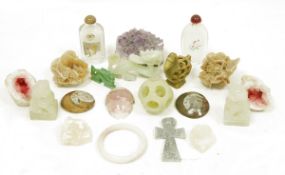 Collection of hardstone, quartz and other items including two quartz geodes, an amethyst quartz, two
