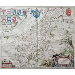 Johannes Blaeu  Old engraved map of Northamptonshire, handcoloured and with large decorative