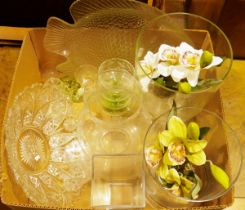 Cut glass bowl with floral decoration, a glass dish in the shape of a fish, a set of three early