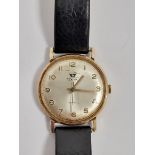 Gent's Texina Incabloc 9ct gold wristwatch with inscription to reverse, on leather strap