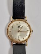 Gent's Texina Incabloc 9ct gold wristwatch with inscription to reverse, on leather strap