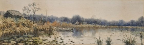 Tokusaburo Kobayashi (Japanese, 1884-1949) Watercolour Lakeside landscape with fishing boat and