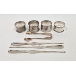 Four silver napkin rings, pair silver sugar nips with bright cut decoration, and three Swedish