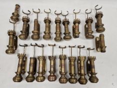 Collection of 'GWR', 'RRC' and 'SRC' brass wall-mounted oil lamps from railway carriages, with