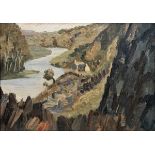 20th century school Oil on canvas River landscape with dwellings, unsigned, framed, 25.5cm x 36cm
