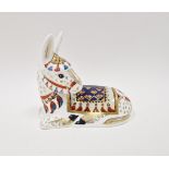 Royal Crown Derby bone china Imari pattern paperweight in the form of a recumbent donkey, printed