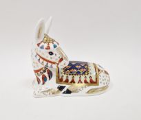 Royal Crown Derby bone china Imari pattern paperweight in the form of a recumbent donkey, printed