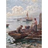 John Bates Noel (1870-1927) Oil  Harbour scene with boat and three figures sorting the nets,