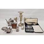 Silver-plated four-section epergne, cream-handled fish servers, cased, a silver-plated teapot and