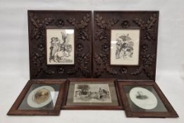 Five early 20th century carved wooden picture frames, two carved with oakleaves and flowers,