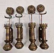 Four 'GWR' brass wall-mounted oil lamps from a railway carriage, and associated fittings (4)