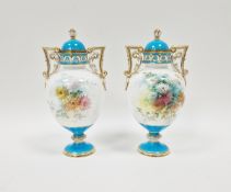 Pair of Minton bone china turquoise ground two-handled oviform vases with domed covers, circa