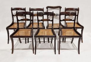 Set of six Regency faux rosewood dining chairs with carved top rail and brass inlaid central