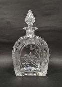 Royal Brierley cut and engraved horseshoe-shaped decanter and stopper, engraved by E.R.Rowley,