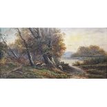 H Graham  Pair oils on canvas  Autumnal woodland lakeside scenes with female figure and sheep,