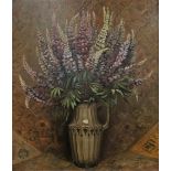 After Kolomann Moser oil on canvas Still life, jug of lupins, bearing facsimile signature, 76cm x