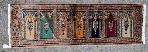 Mori jaldar miniature silk prayer rug, decorated with seven arched panels with lanterns, reserved