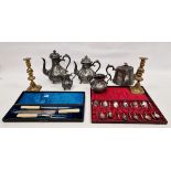 Quantity of plated coffee and teapots, set of 12 Spanish silver-plated teaspoons with ornate handles
