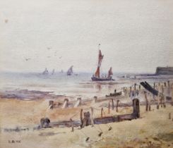 LBW(?)  Watercolour drawing  Coastal scene with sailing vessels, beach in foreground, initialled,