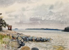 Watercolour drawing Signed indistinctly, possibly ?? Buckley, water's edge with stones and hut,
