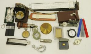 Assorted collectables and measures including a cased Swiss Meridian compass, various measures and